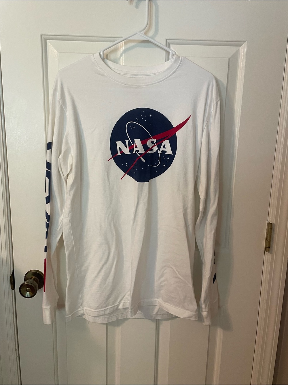 NASA White Long Sleeve Logo Tee - Red & Navy Graphic